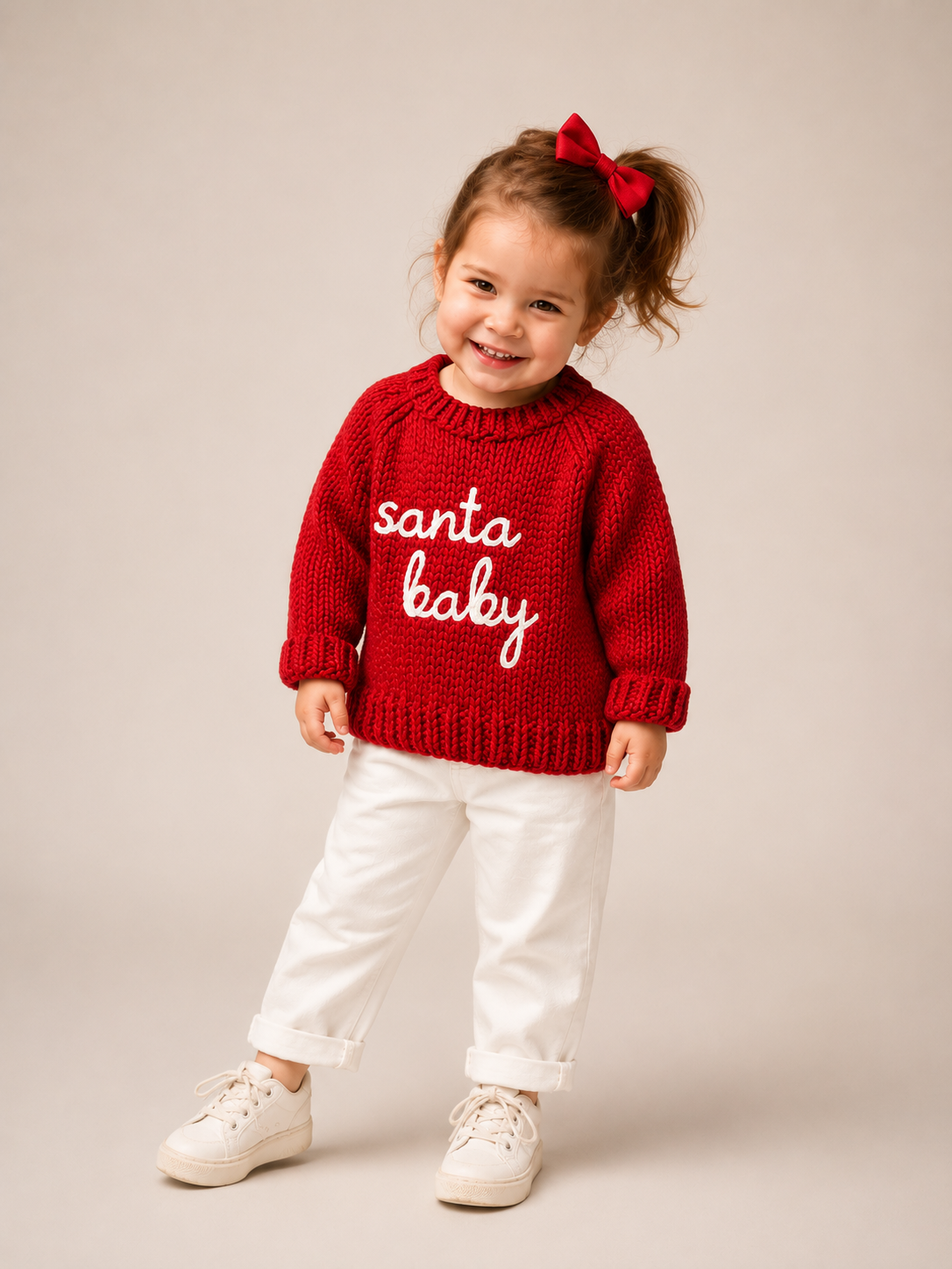 A toddler girl wearing a red knit sweater with 'Santa Baby' written in white script, paired with white pants and white sneakers, standing against a neutral beige background.
