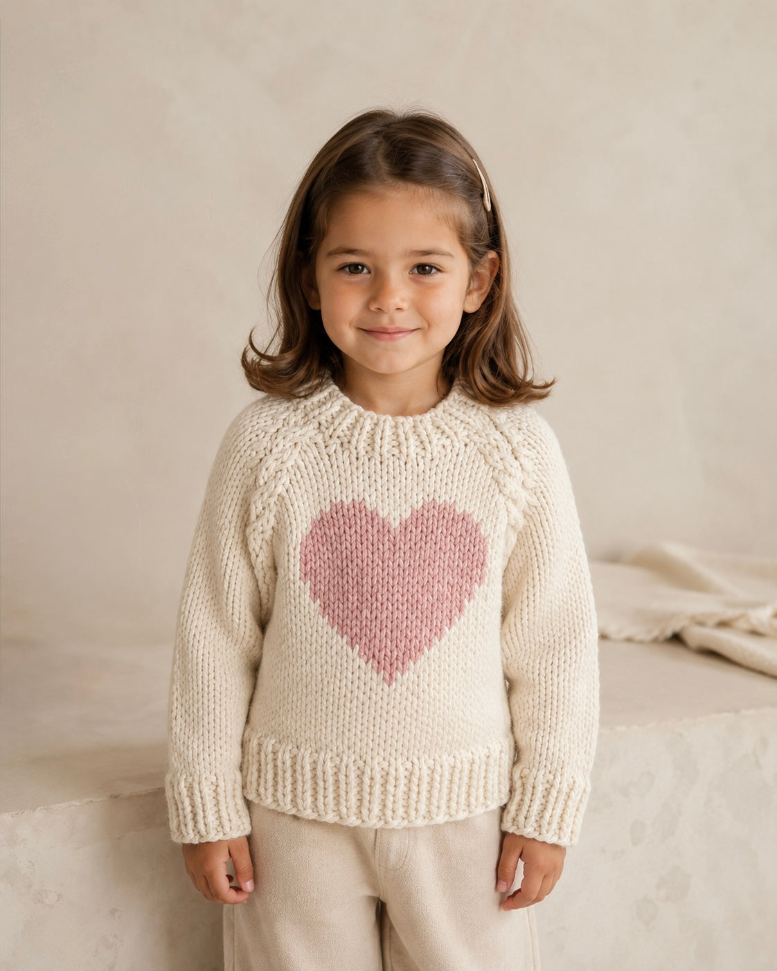 A young girl with brown hair wearing a cream-colored knit sweater with a pink heart on the chest, paired with cream pants, standing against a neutral beige background.
