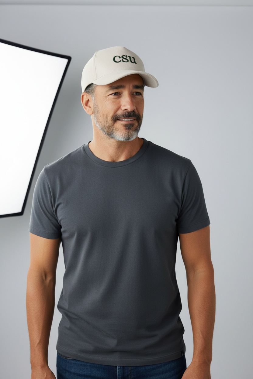 Man wearing a gray t-shirt and a cap with 'CSU' on a gray background