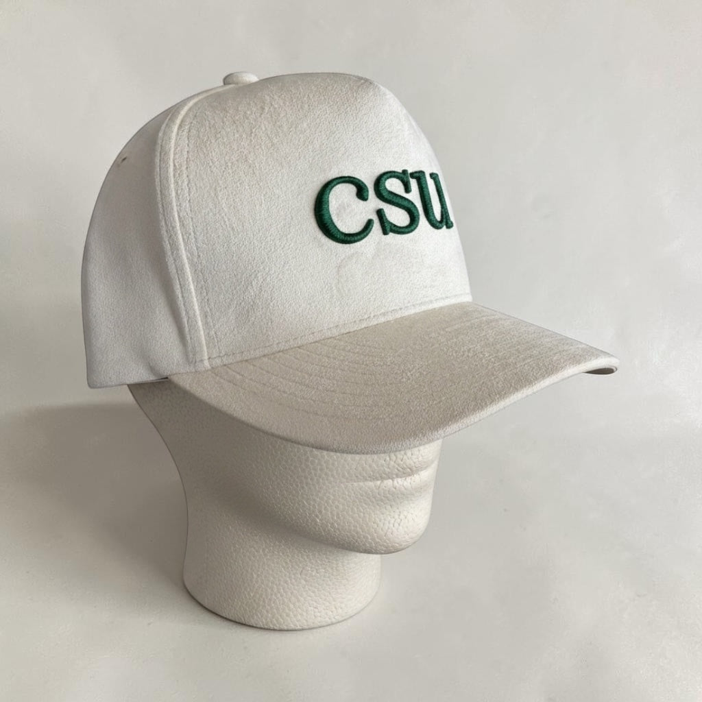 cream suede cap with 'CSU' embroidered on it, displayed on a mannequin head against a light gray background.