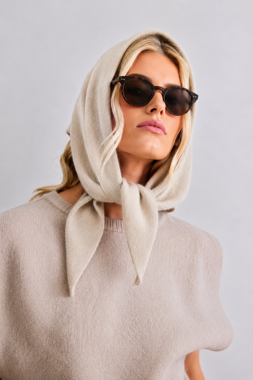 A woman wearing a light beige knit hooded scarf tied around her head, paired with dark sunglasses and a matching beige knit top, against a plain light gray background.