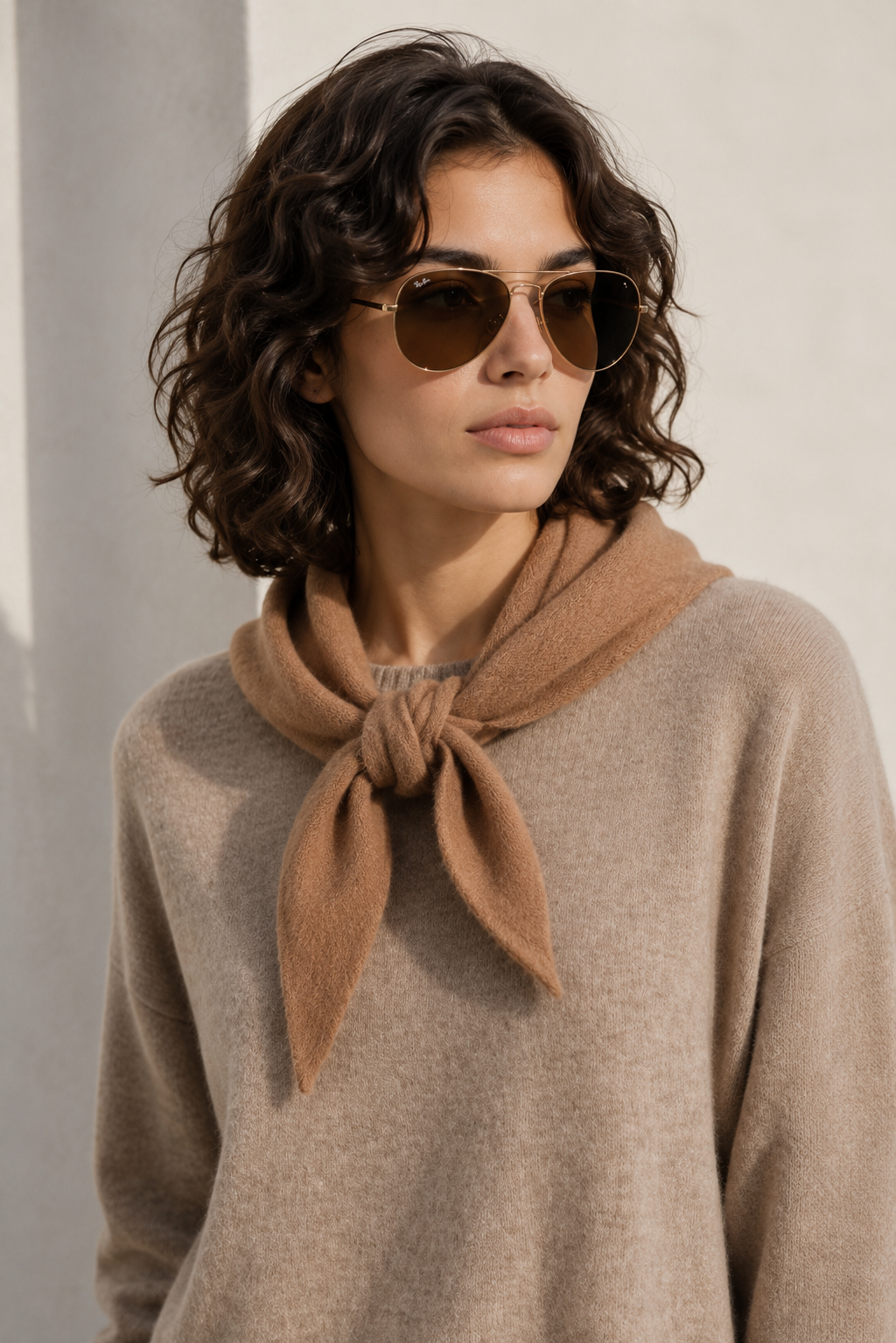 A woman with short curly dark hair wearing aviator sunglasses, a beige knit sweater, and a camel-colored scarf tied around her neck, set against a neutral light gray background.