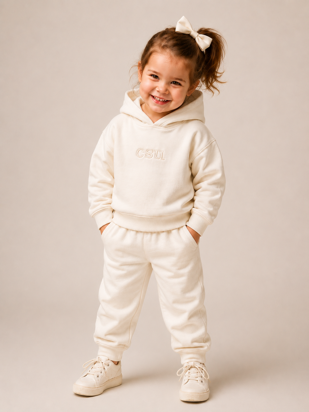 A young girl with a white hair bow is wearing a matching cream-colored hoodie and sweatpants set, standing against a neutral beige studio background.