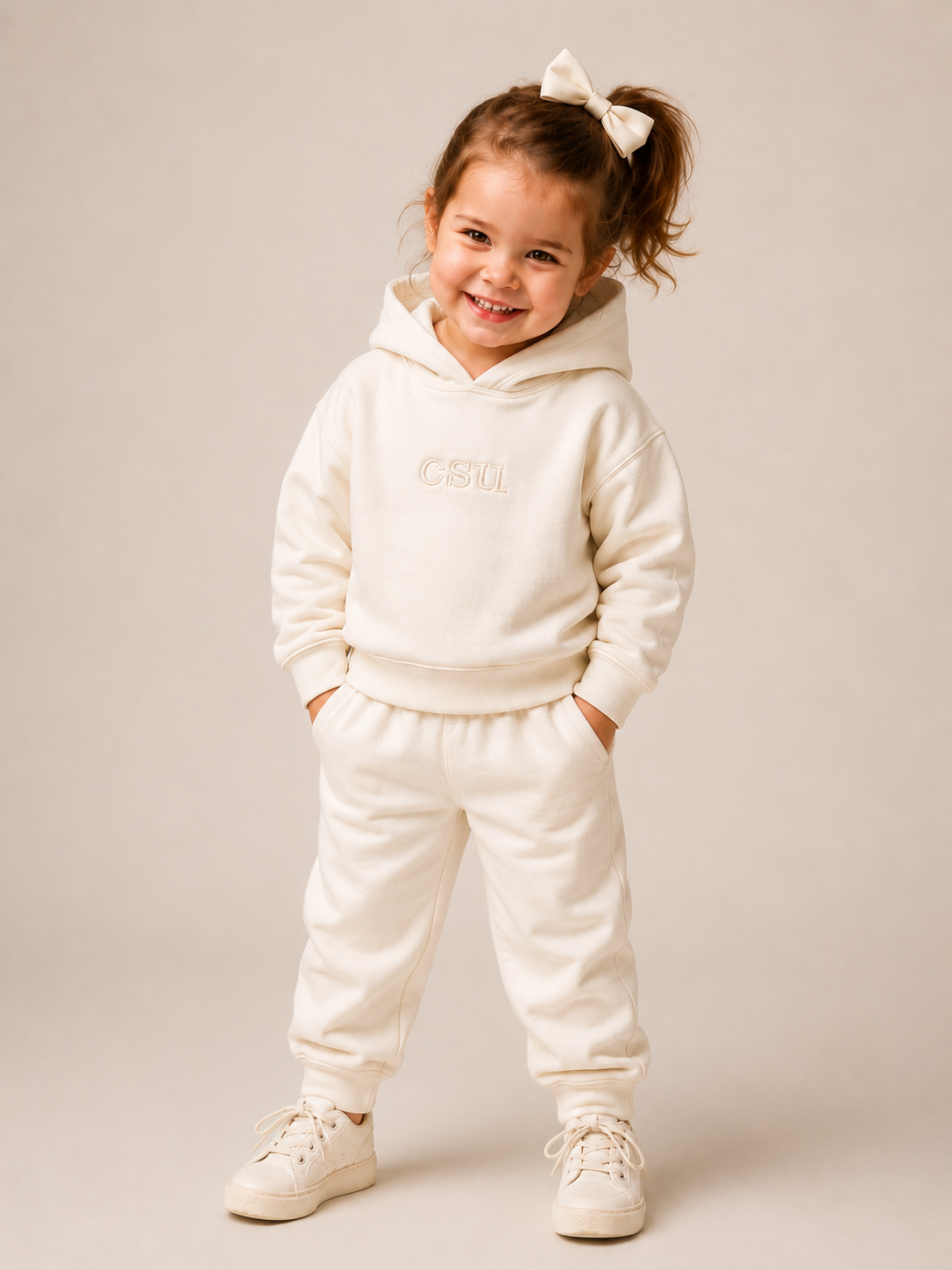A young girl with a white hair bow is wearing a matching cream-colored hoodie and sweatpants set, standing against a neutral beige studio background.