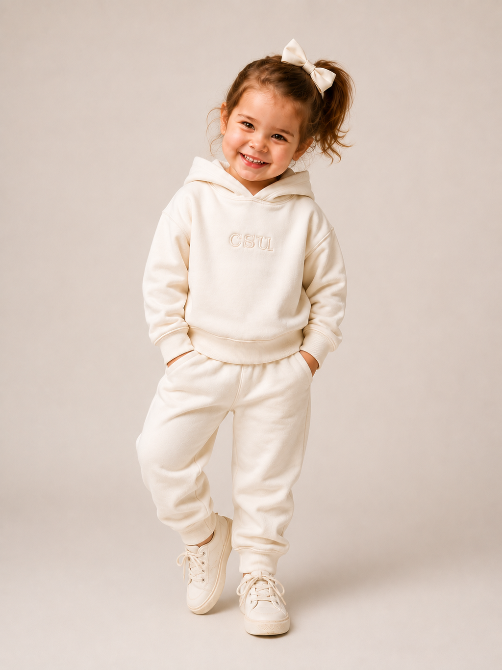 A young girl smiling and posing in a matching cream-colored two-piece tracksuit with a hooded sweatshirt and jogger pants, featuring a small embroidered logo on the chest, set against a plain beige studio background.