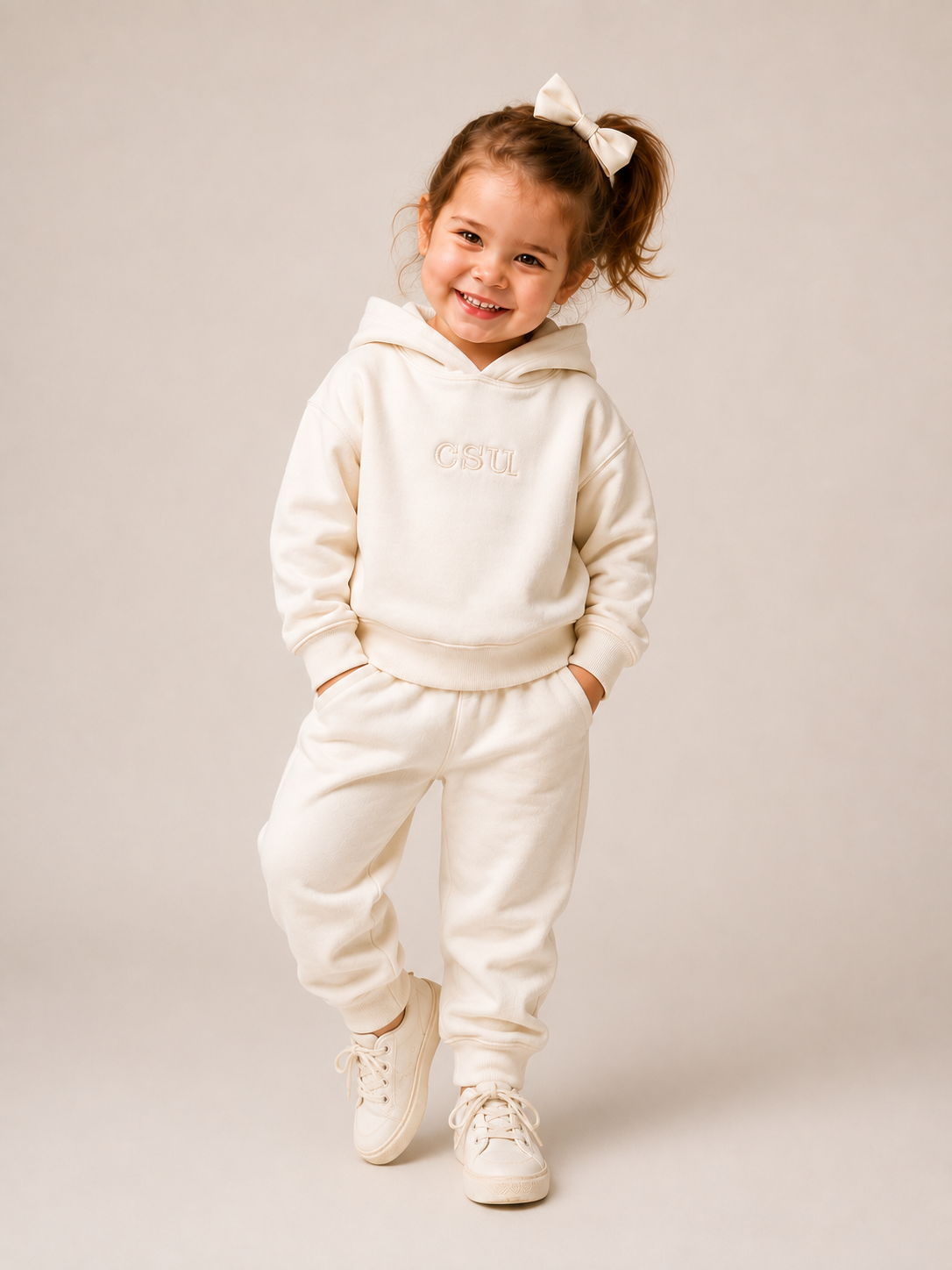 A young girl smiling and posing in a matching cream-colored two-piece tracksuit with a hooded sweatshirt and jogger pants, featuring a small embroidered logo on the chest, set against a plain beige studio background.
