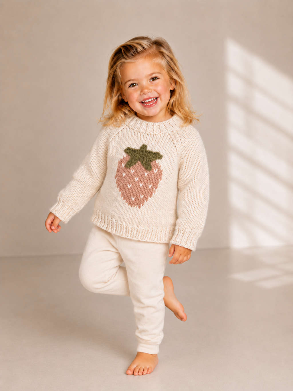 A young girl with blonde hair smiling and posing while wearing a cream-colored knit sweater with a strawberry motif and matching cream pants in a studio setting.