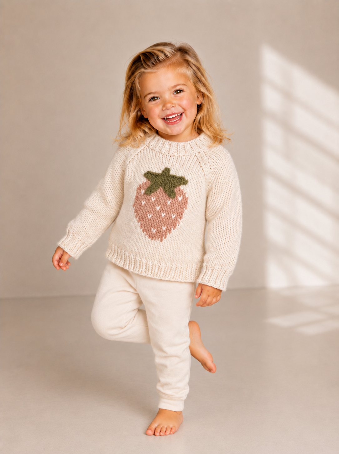 A young girl with blonde hair smiling and posing while wearing a cream-colored knit sweater with a strawberry motif and matching cream pants in a studio setting.