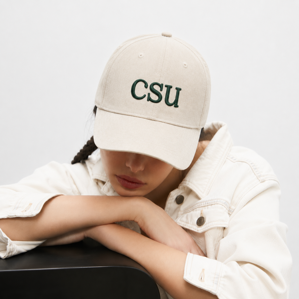 A person wearing a light beige baseball cap with dark green embroidered 'CSU' lettering, resting their head on a dark surface against a light gray background.