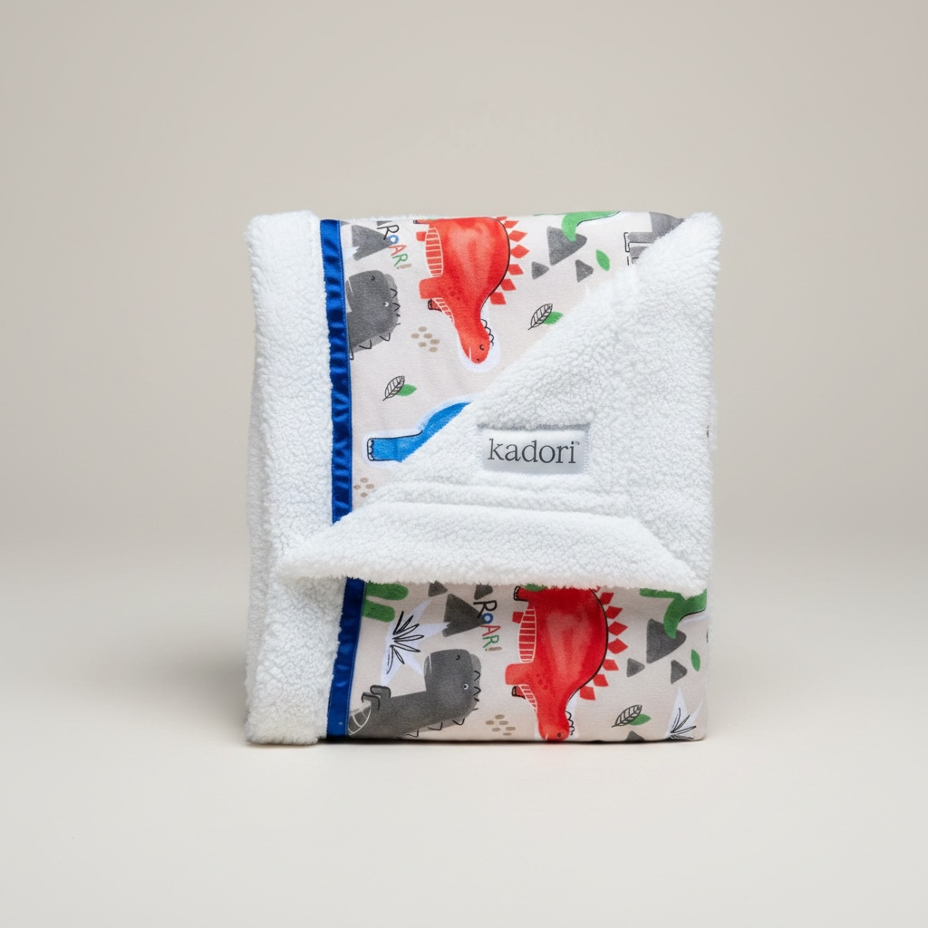 Folded blanket with dinosaur pattern on a white background