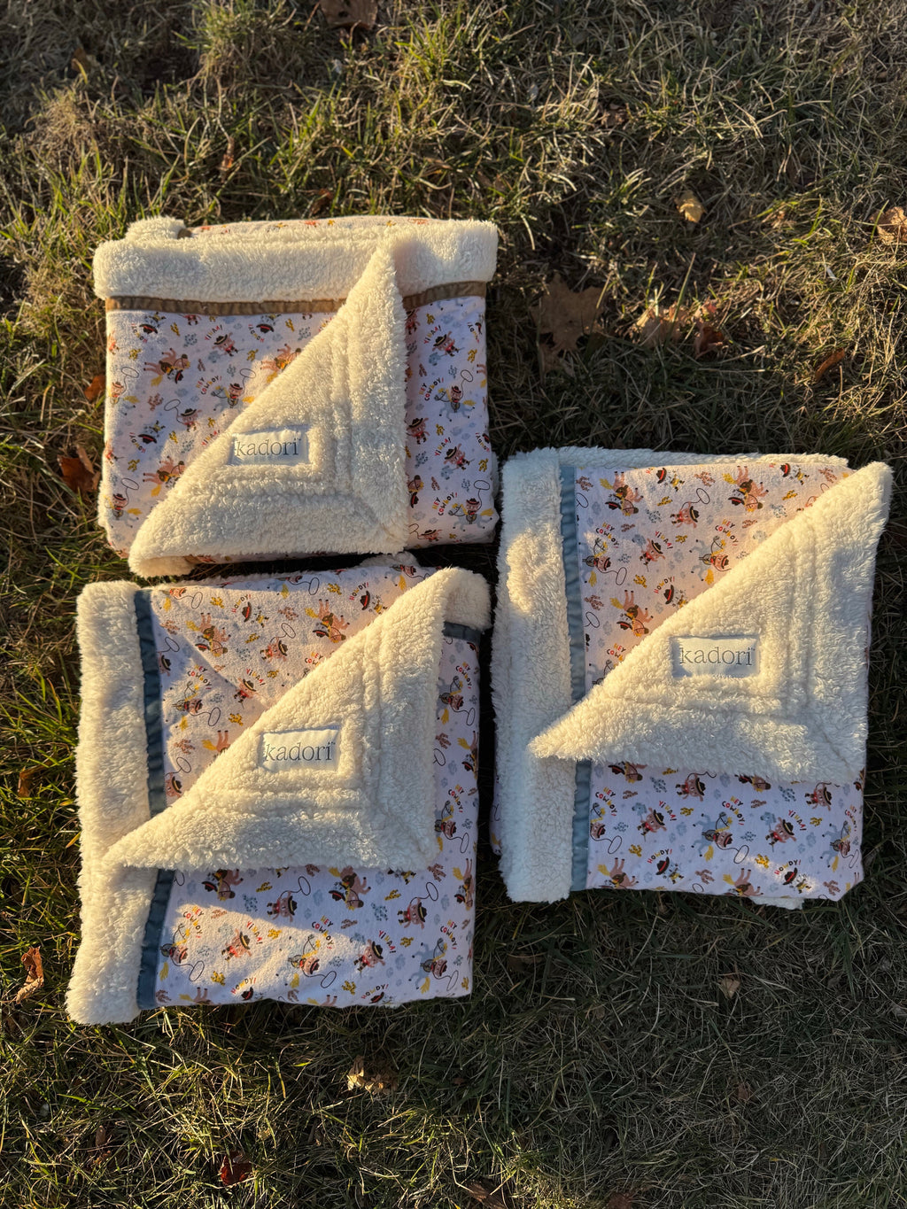 cowboy-patterned quilt with a white border on grass