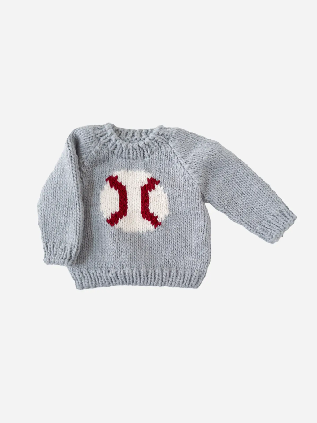 Gray knitted sweater with a red and white pattern on a light gray background