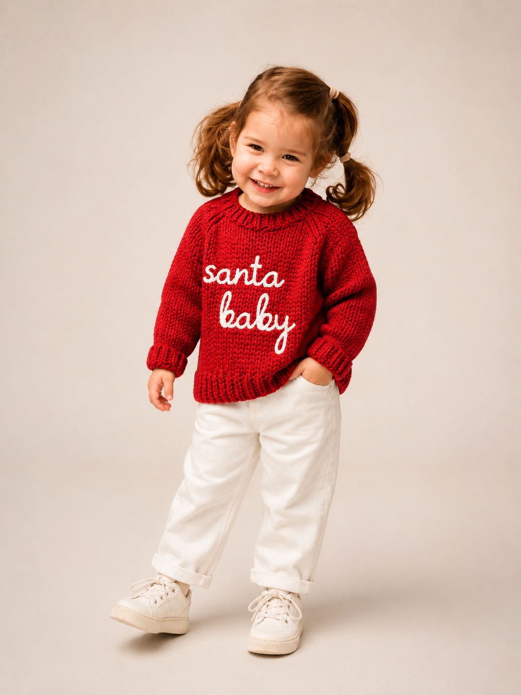 A young child wearing a red knit sweater with 'Santa Baby' written in white script, paired with white pants and white sneakers, standing against a plain beige studio background.