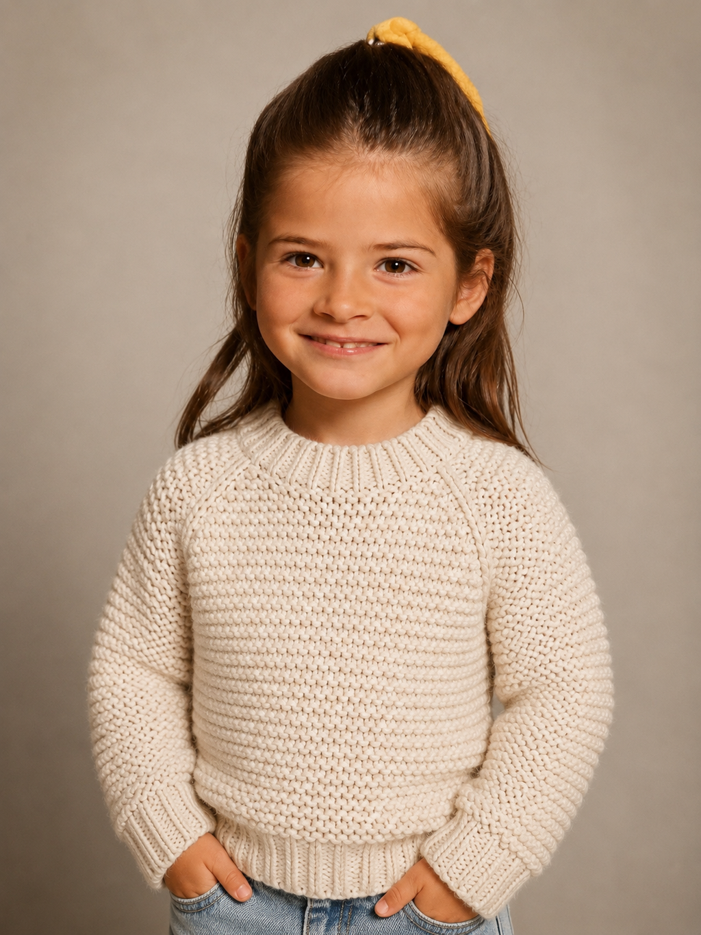 A young girl with her hair in a high ponytail wearing a cream-colored chunky knit sweater and blue jeans, posing against a neutral gray studio background.