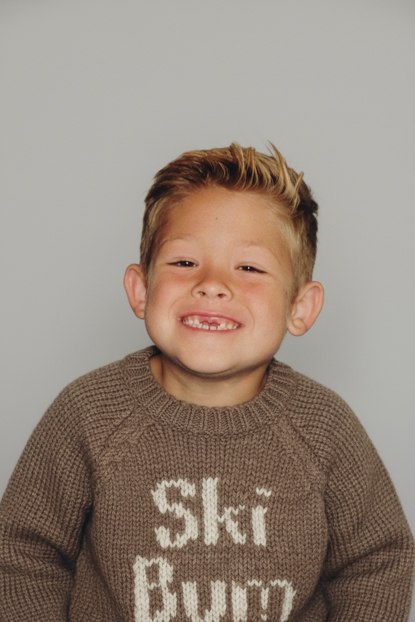 A young boy smiling while wearing a brown knit sweater with 'Ski Bum' written in white across the front, set against a plain gray background.