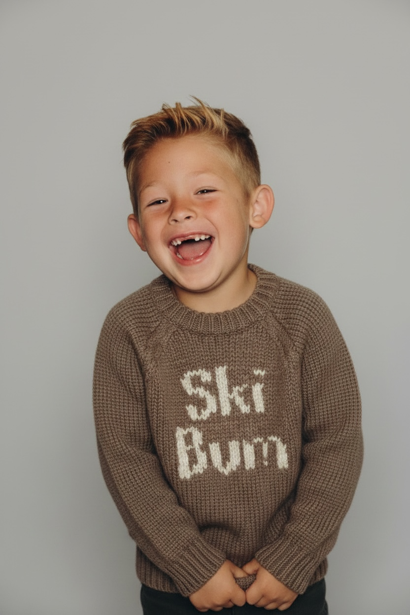 A young boy smiling and laughing while wearing a brown knit sweater with 'Ski Bum' written in white across the chest, set against a plain light gray background.