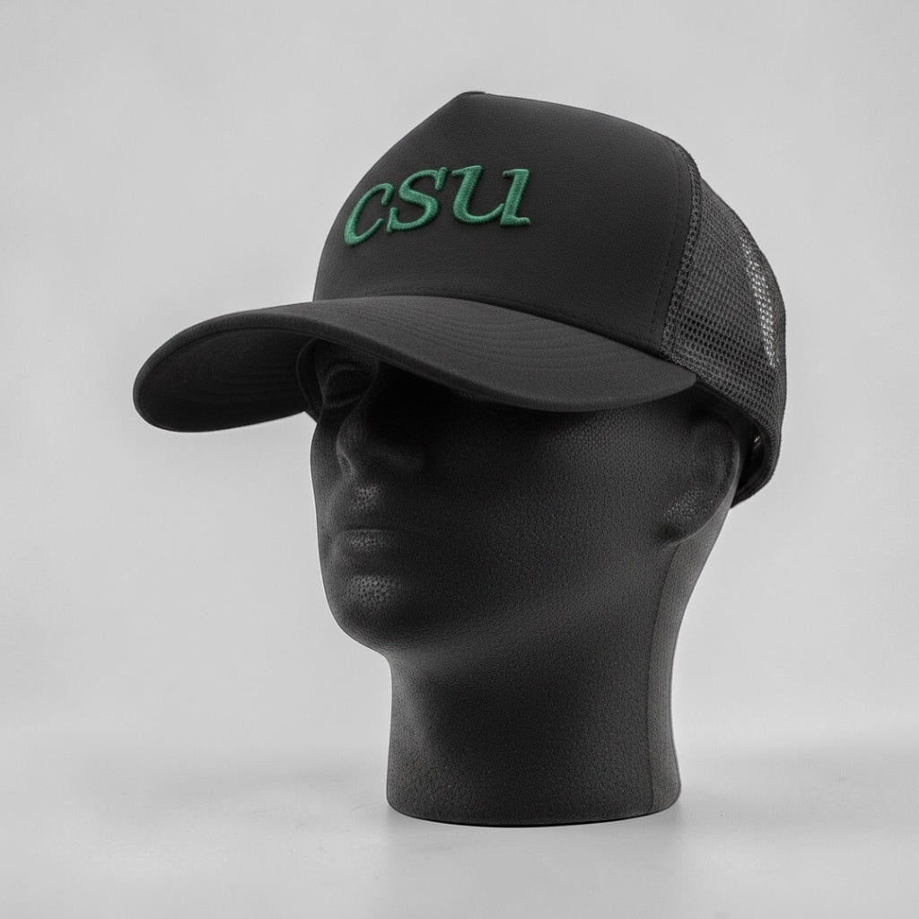 Black suede cap with 'CSU' embroidery on a mannequin head against a gray background