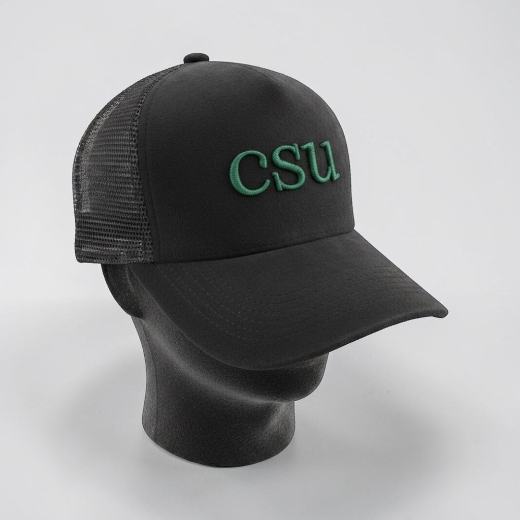 Black trucker cap with 'CSU' on a mannequin head against a white background