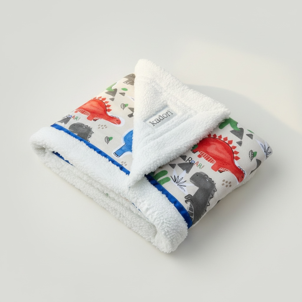 Folded blanket with dinosaur pattern on a white background
