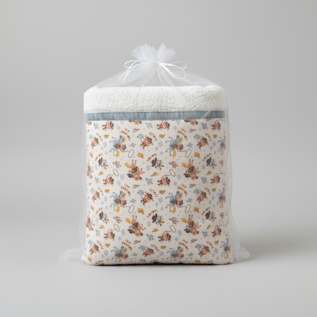 cowboy-patterned quilt in a clear plastic bag on a gray background