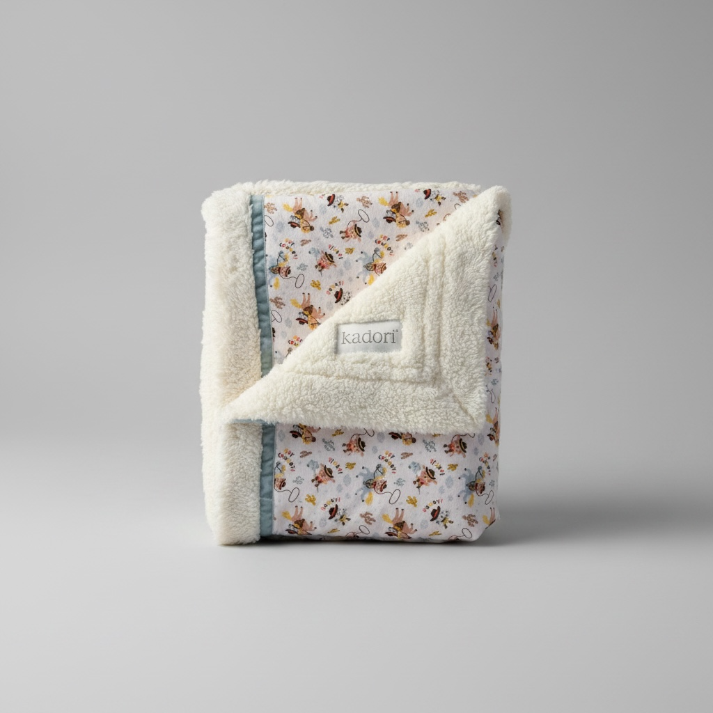 Folded blanket with cowboy pattern and white sherpa reverse on a gray background
