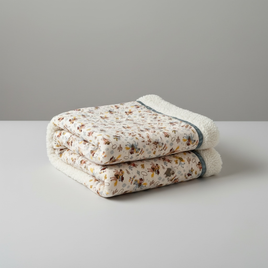 Stack of cowboy-patterned towels with white border on a gray background