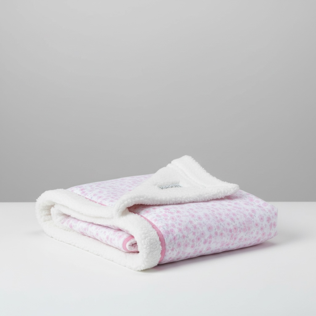 Pink and white patterned blanket with white border on a light gray background