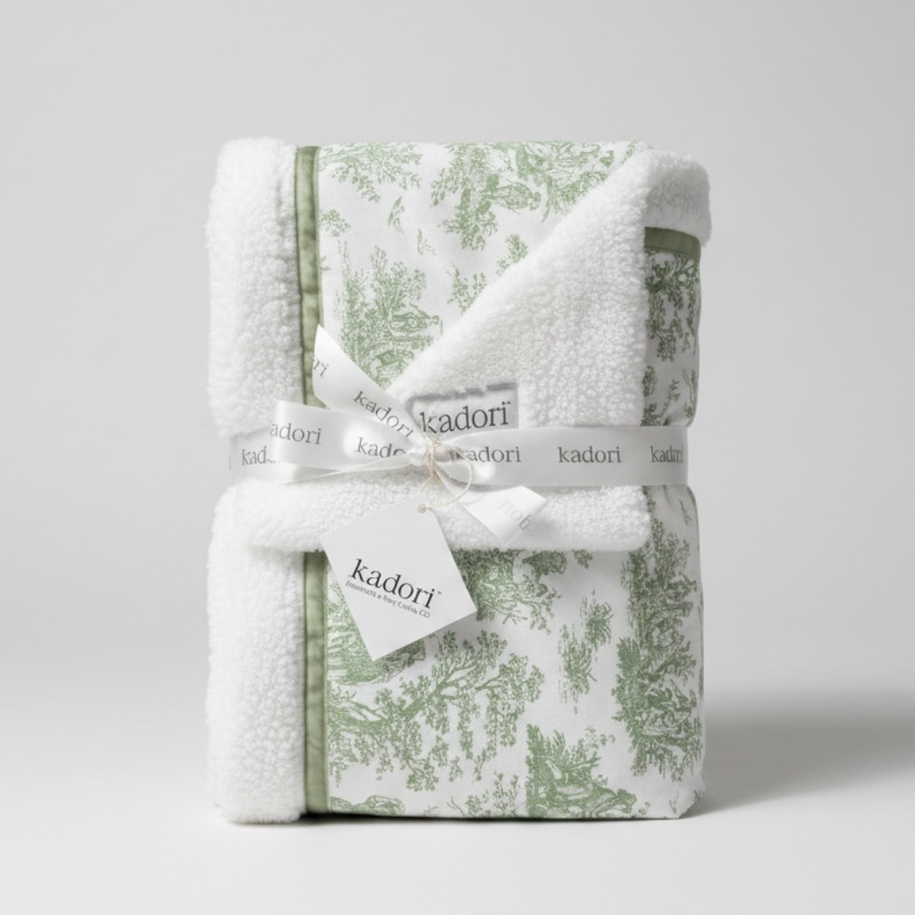 Folded blanket with green floral pattern and white border on a light gray background