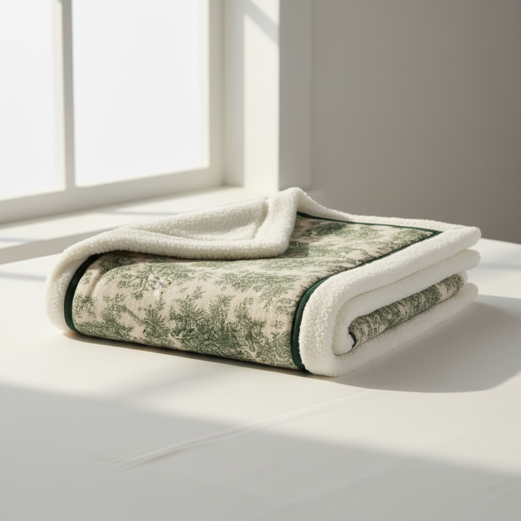 Folded blanket with green floral pattern on a white surface near a window